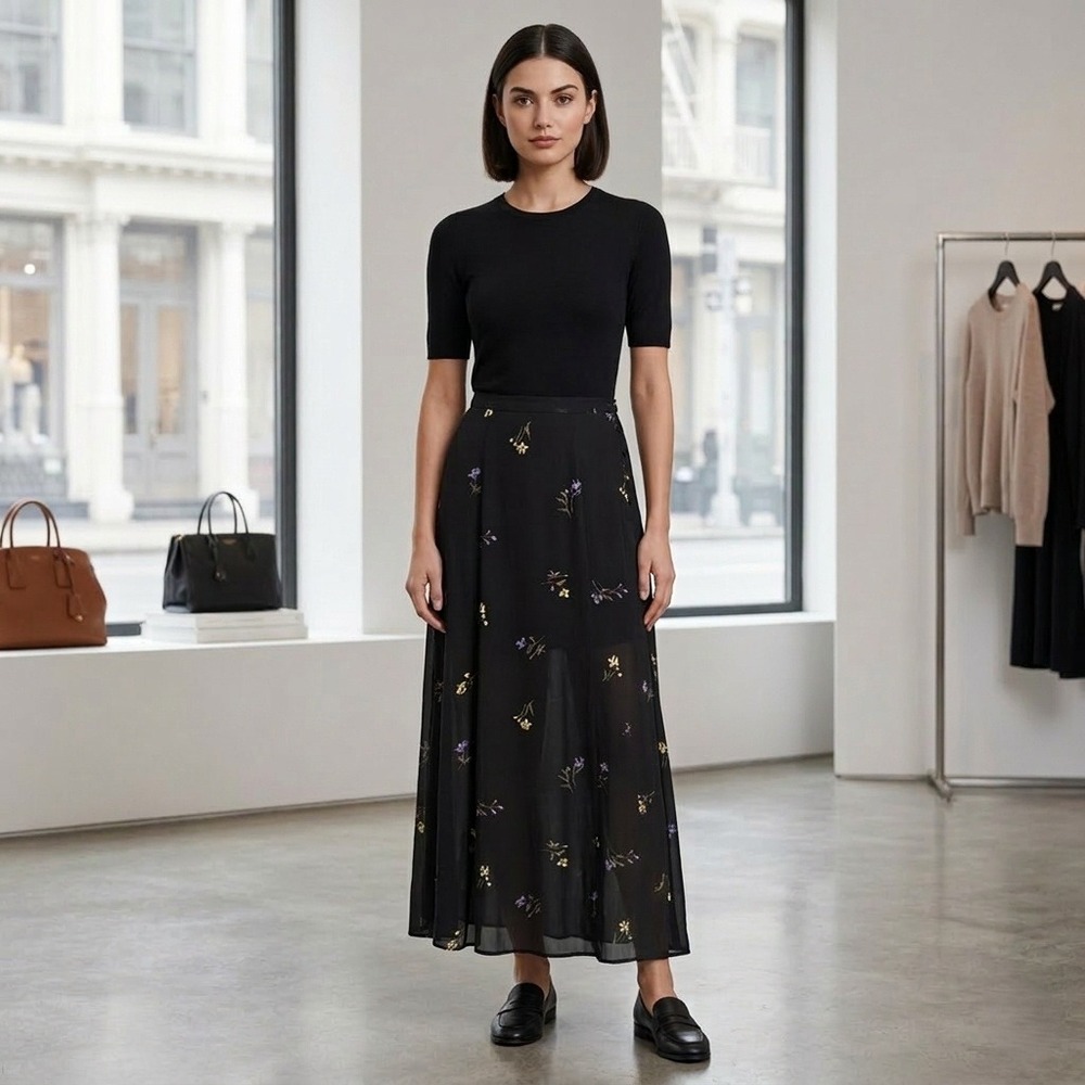 Putumayo Floral Maxi Skirt Black Whimsigoth Pleated Side Buttons Rayon Sz M NWOT